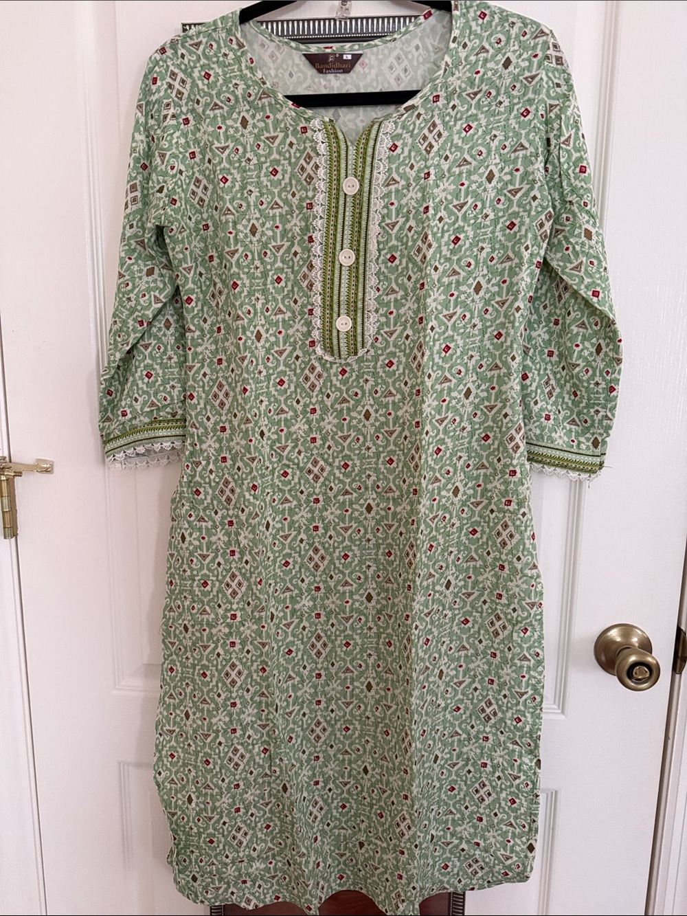 Handloom Green Printed Cotton Kurta Dress with Button Placket